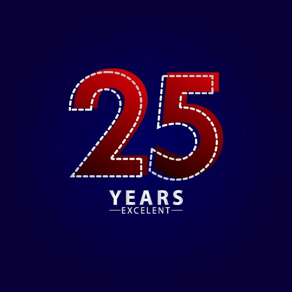 25 Years Excellent Anniversary Celebration Red Dash Line Vector Template Design Illustration