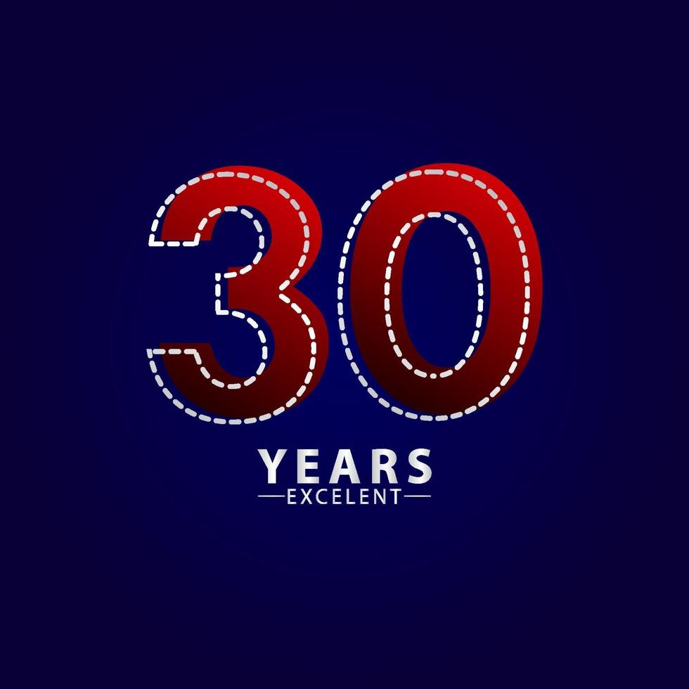 30 Years Excellent Anniversary Celebration Red Dash Line Vector Template Design Illustration