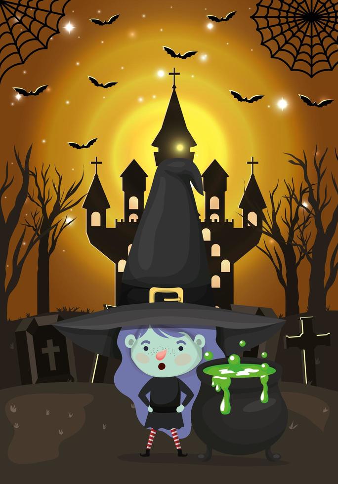 escena de la temporada de halloween con niña en un disfraz de bruja vector