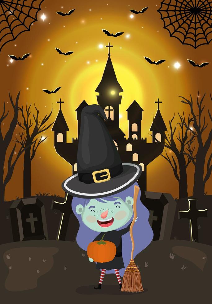 halloween season scene with girl in a witch costume vector