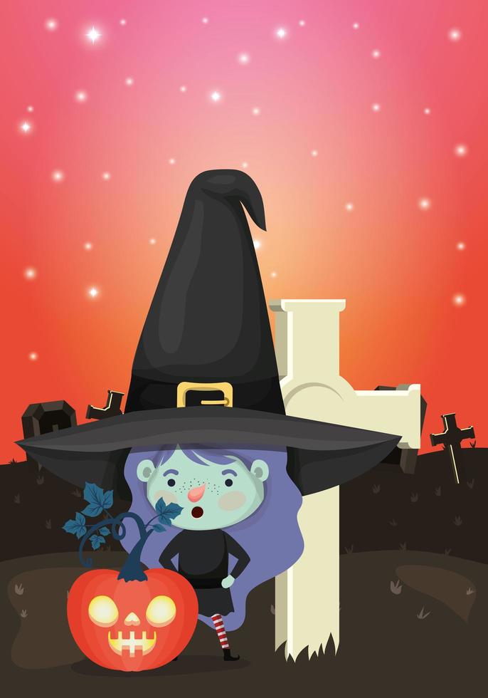 escena de la temporada de halloween con niña en un disfraz de bruja vector