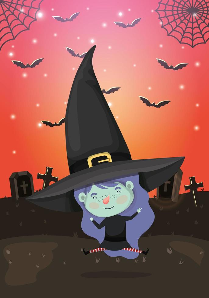 halloween season scene with girl in a witch costume vector