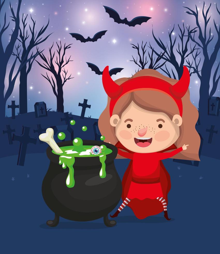 escena de la temporada de halloween con niña en un disfraz de diablo vector