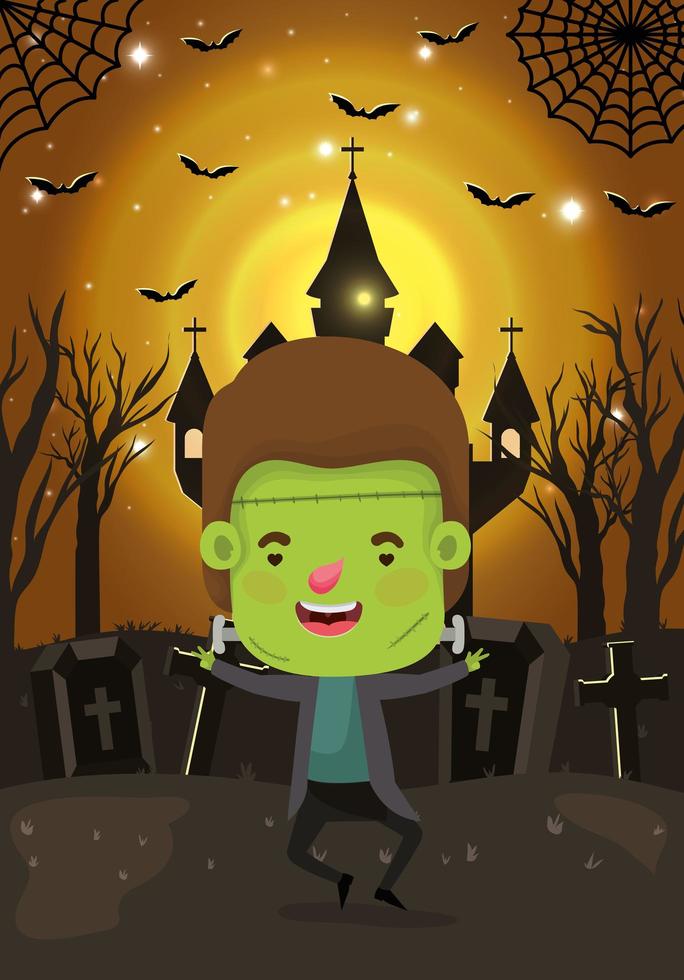 halloween season scene with boy in a monster costume vector