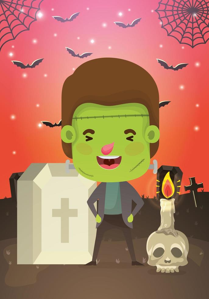 halloween season scene with boy in a monster costume vector