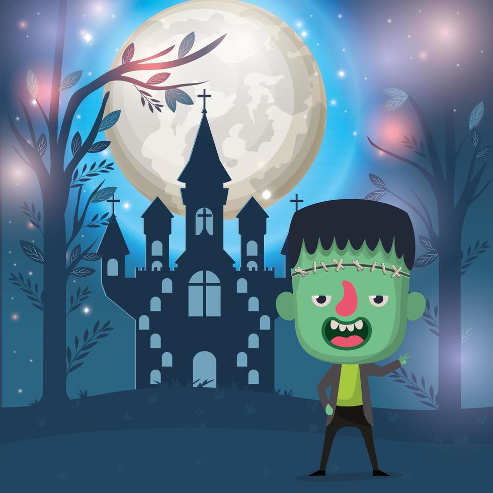 halloween season scene with boy in a monster costume vector