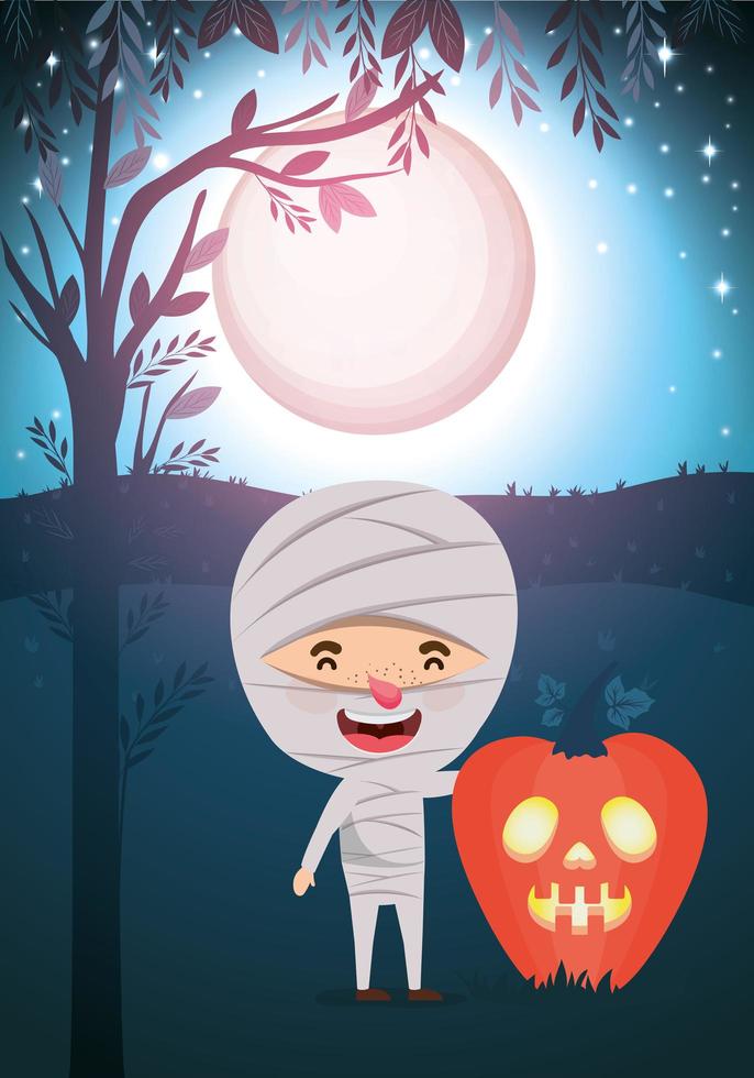 halloween season scene with boy in a mummy costume vector