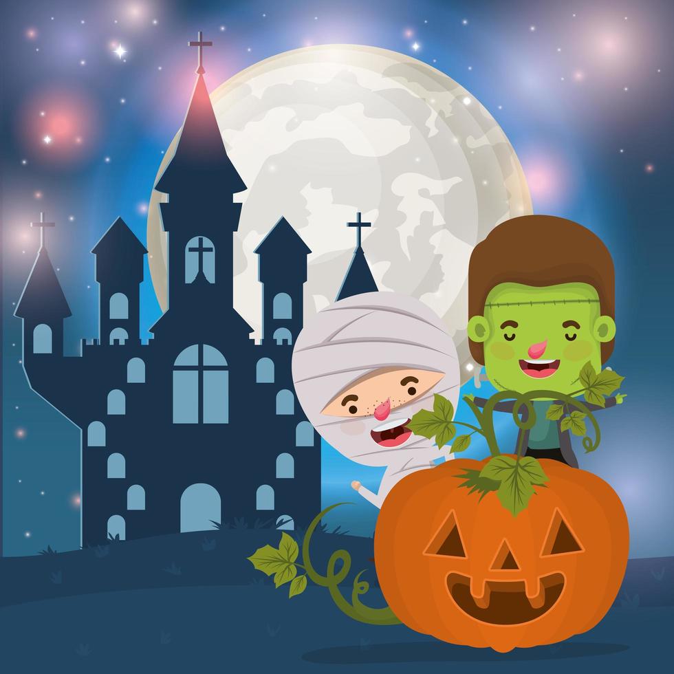 halloween card with kids in costumes for trick or treat vector