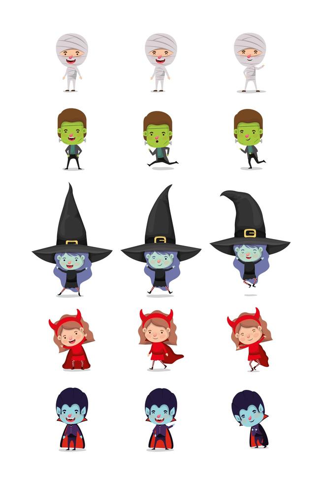 set of little kids in costumes for trick or treat vector