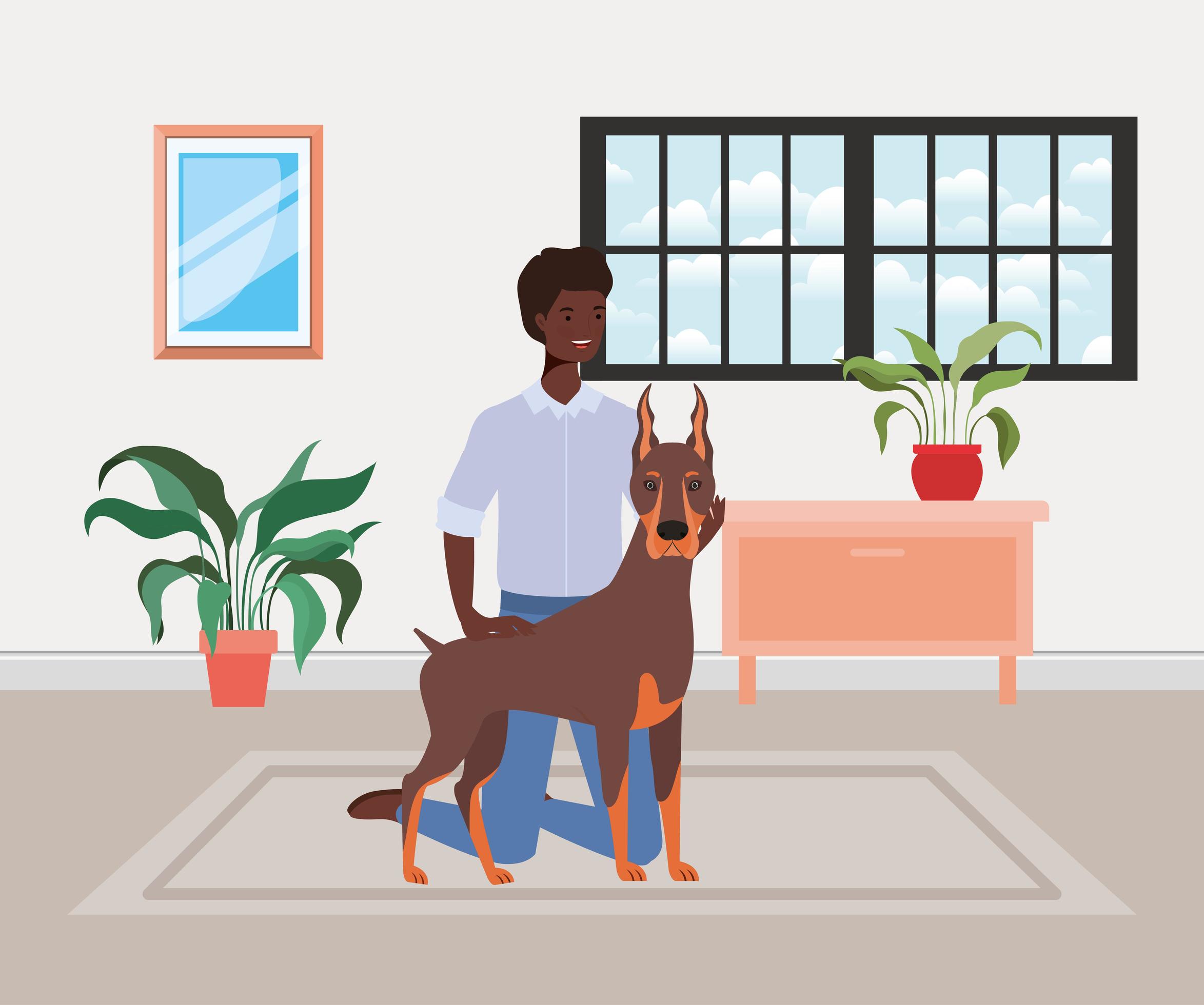 young afro man with cute dog mascot in the house room vector