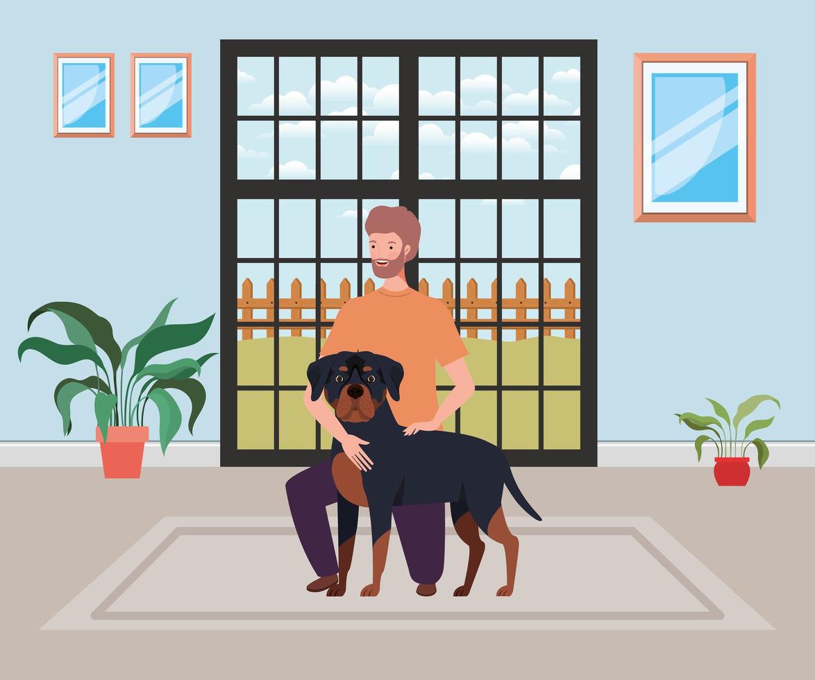 young man with cute dog mascot in the house room vector