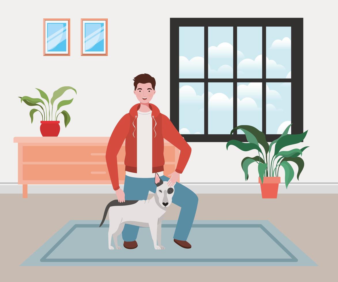 Hombre joven con mascota perro lindo en la habitación de la casa vector