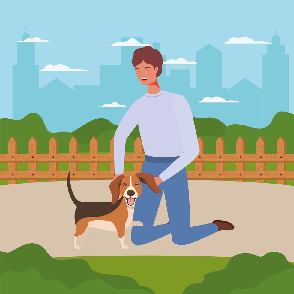 young man with cute dog mascot in the camp vector