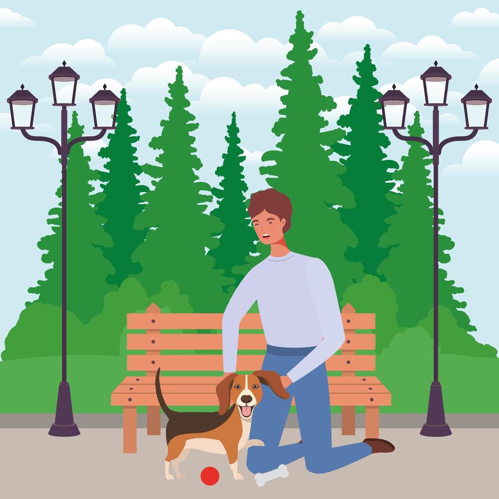 young man with cute dog mascot in the park vector