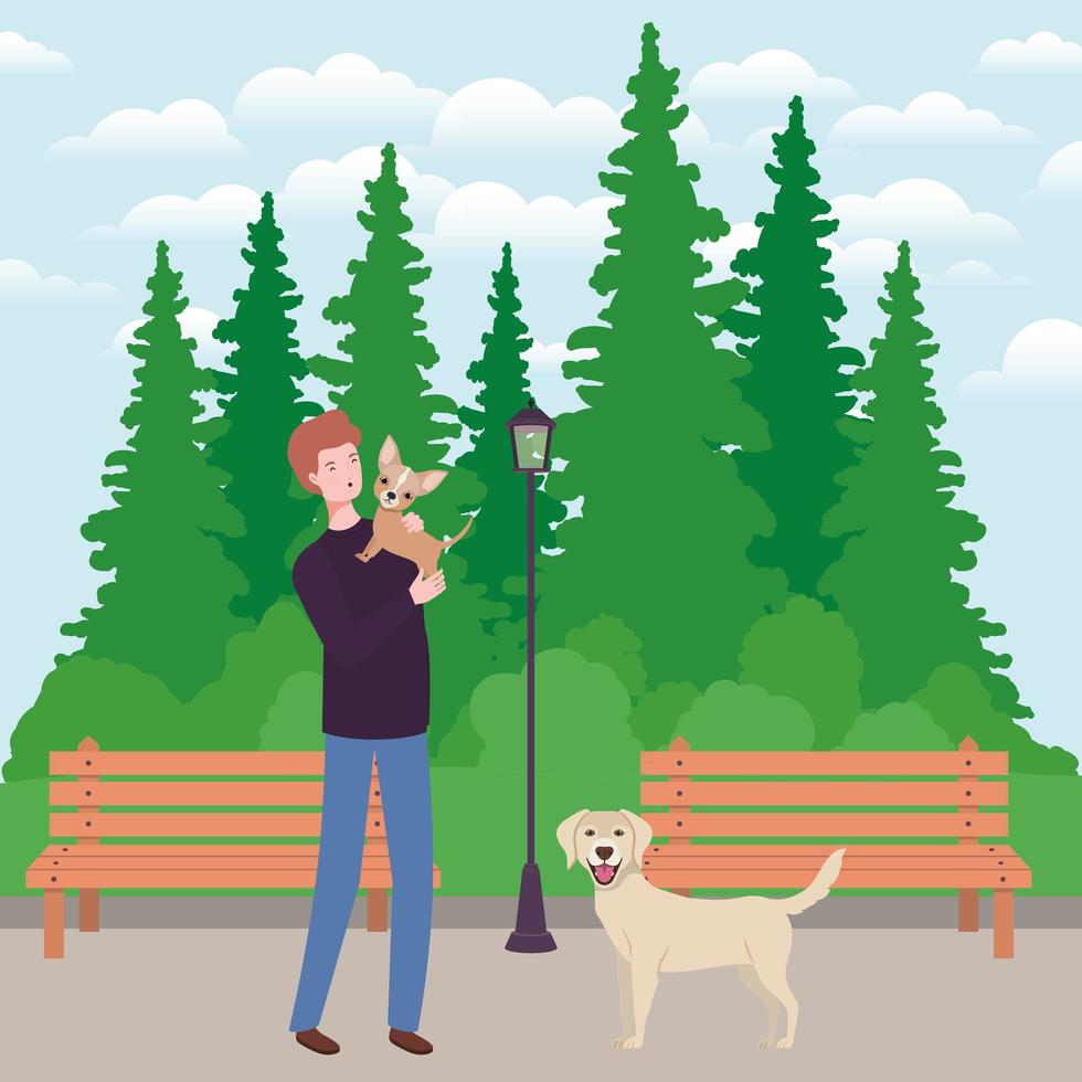 young man with cute dog mascot in the park vector