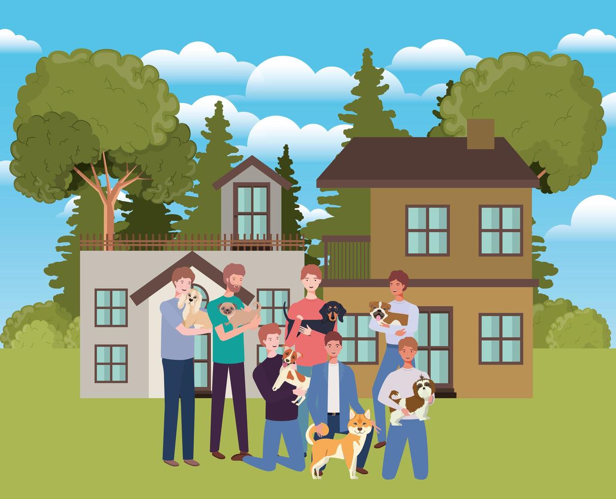 group of men with cute dogs mascots in outdoor house vector