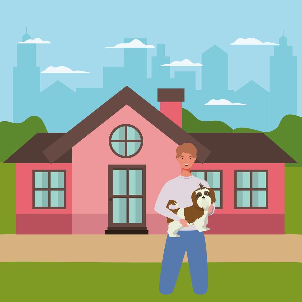 Hombre levantando mascota perro en la casa al aire libre vector