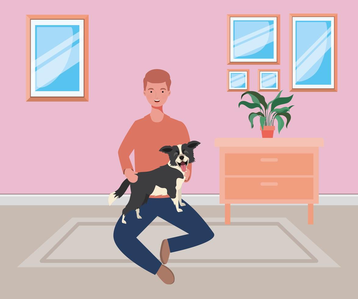 young man with cute dog mascot in the room house vector