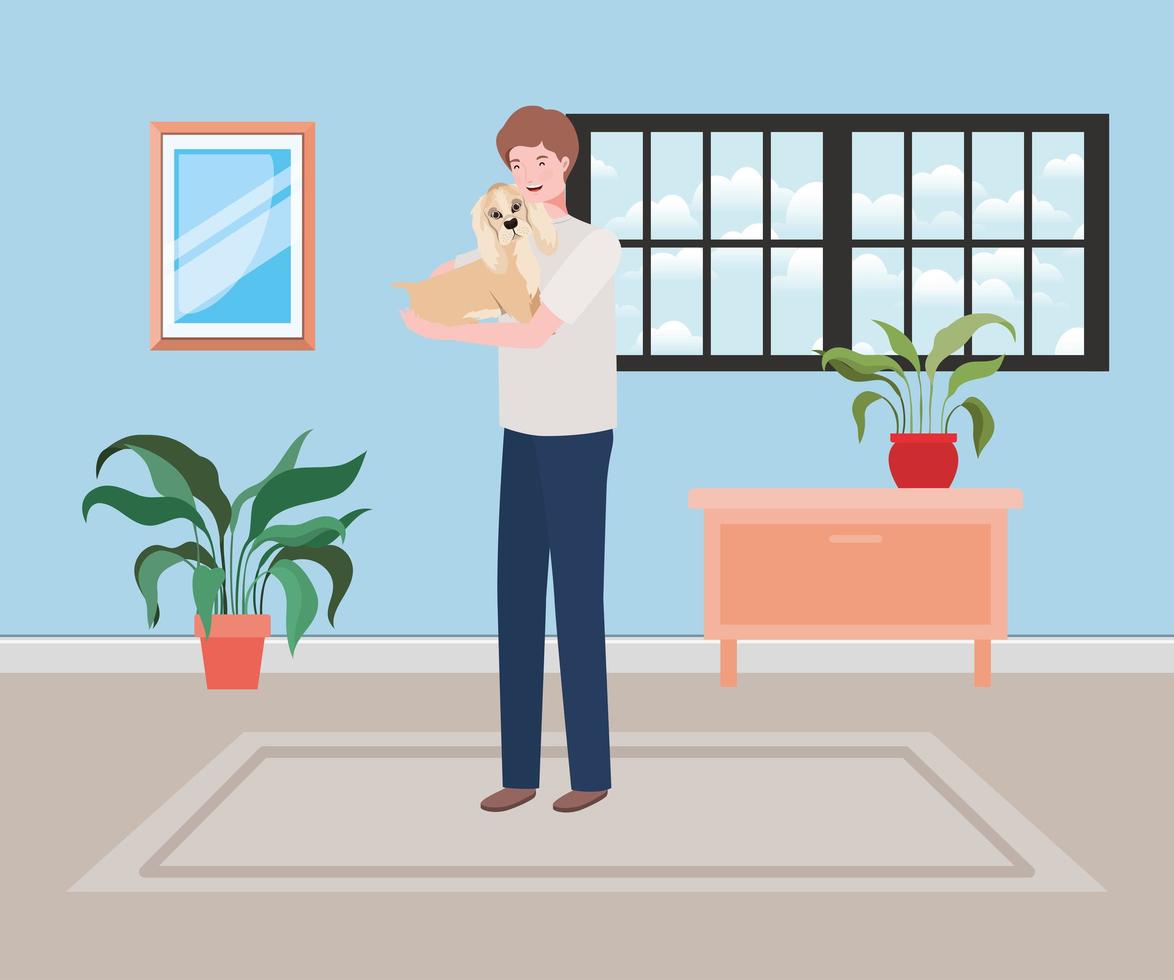 young man with cute dog mascot in the room house vector