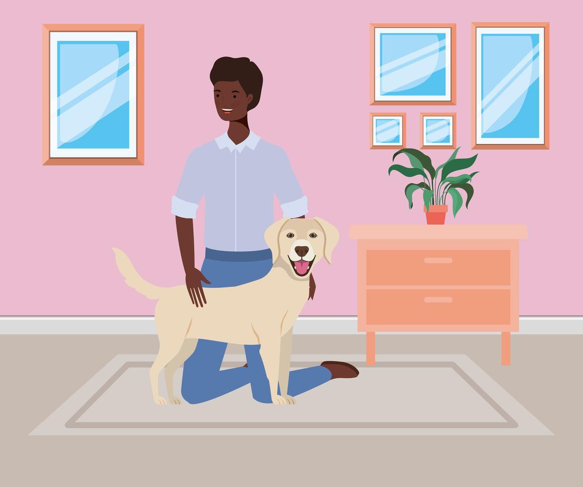 afro man with cute dog mascot in the room house vector