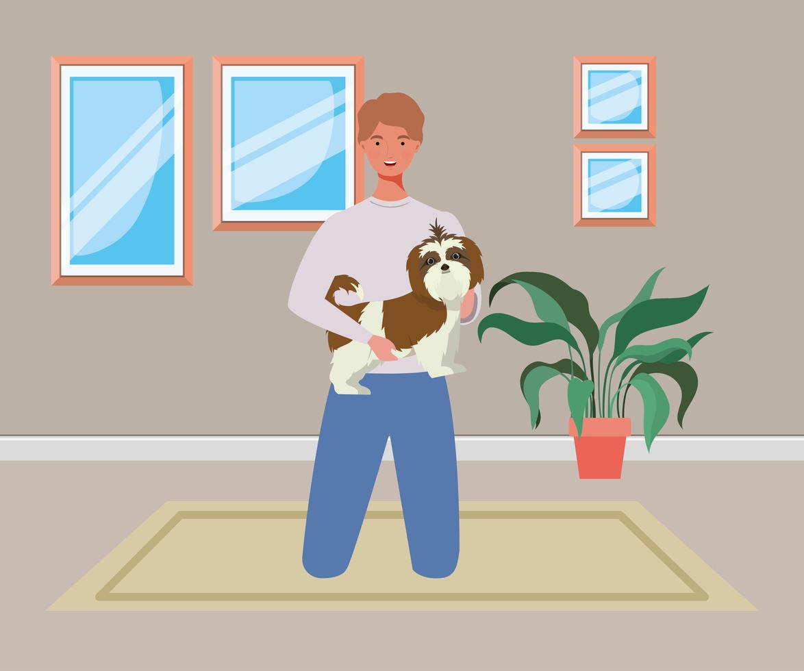 young man with cute dog mascot in the room house vector