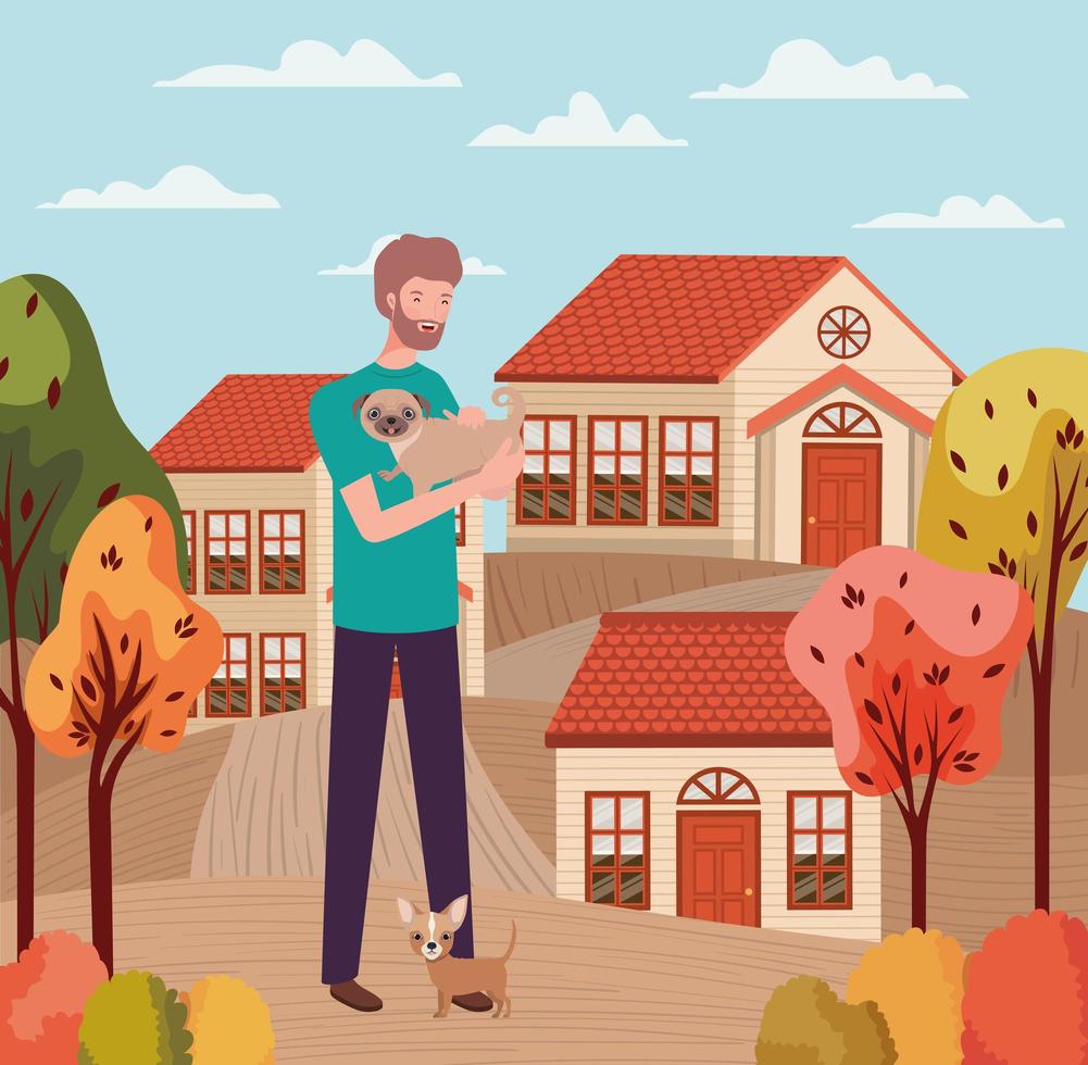young man with cute dog mascot in the autumn city scene vector