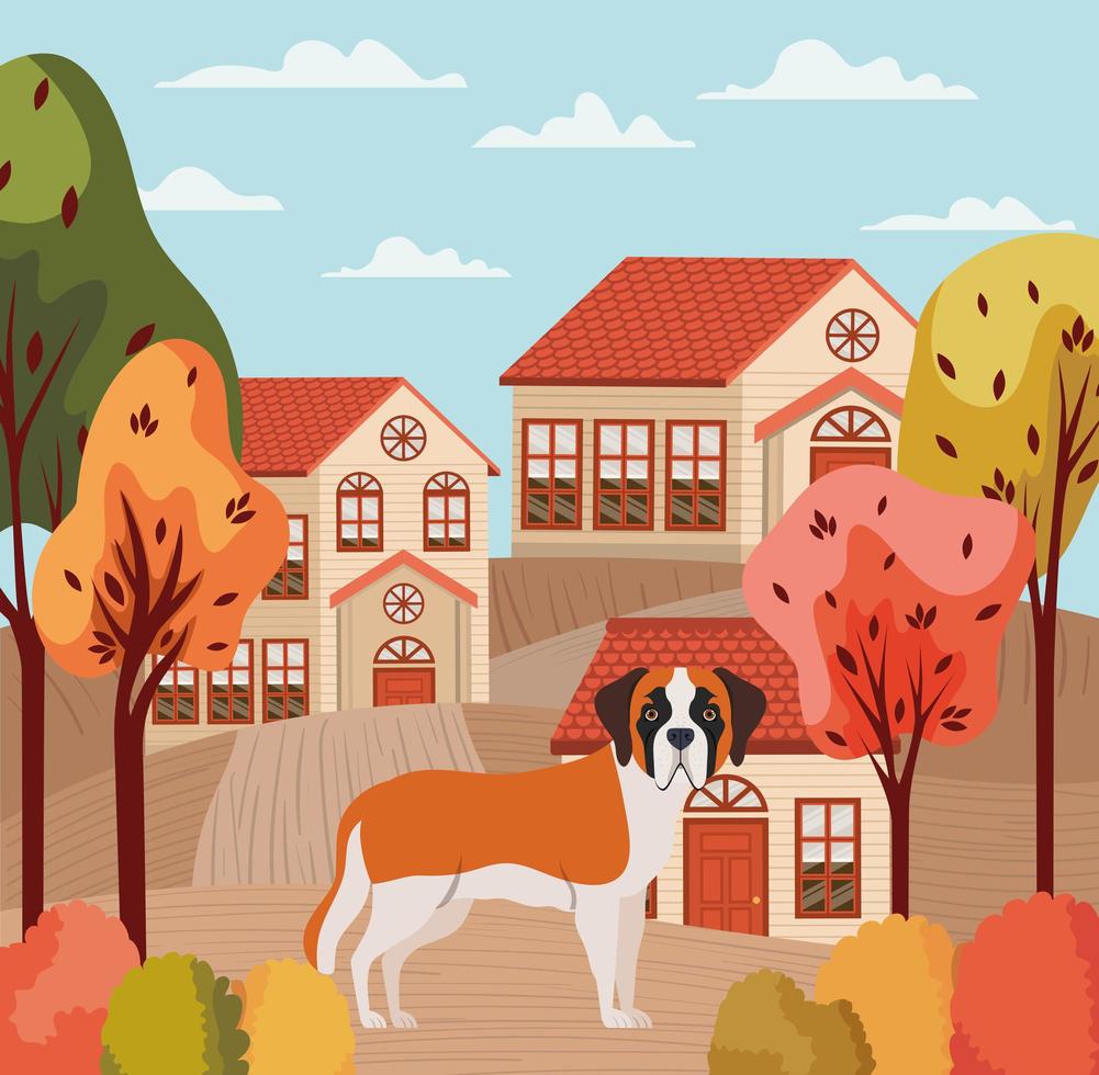 lindo perro en una hermosa escena de otoño de vecindario vector