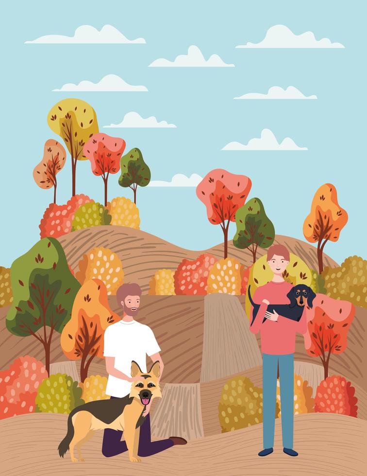 young men with cute dogs mascots in the autumn camp vector