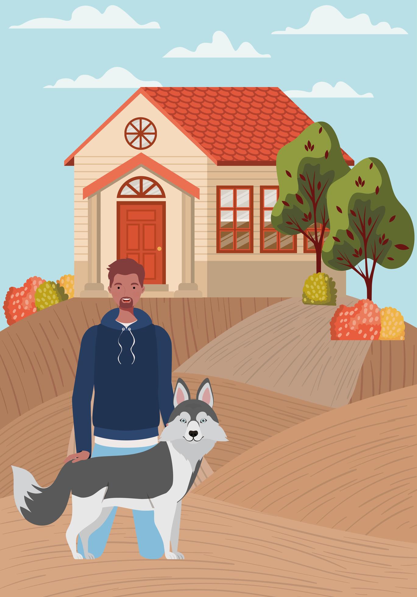 man with cute dog mascot in the autumn city scene vector