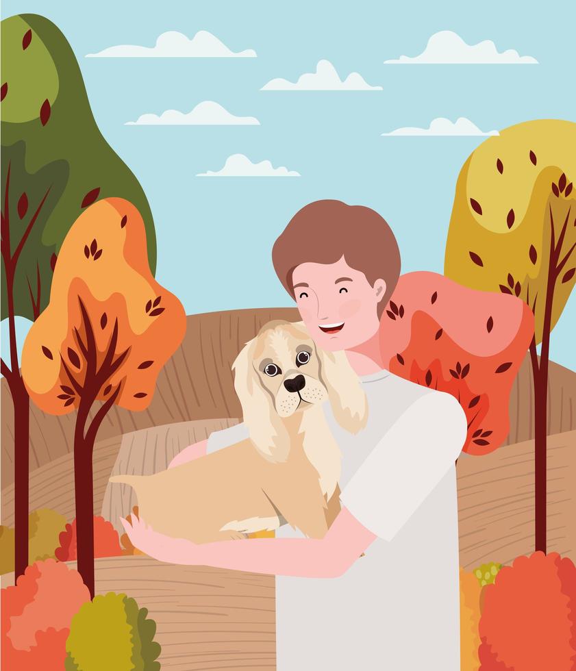 Hombre joven con mascota perro lindo en el campamento de otoño vector