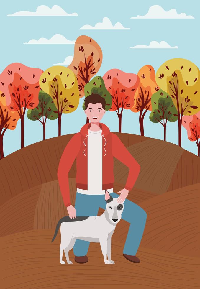 Hombre joven con mascota perro lindo en el campamento de otoño vector