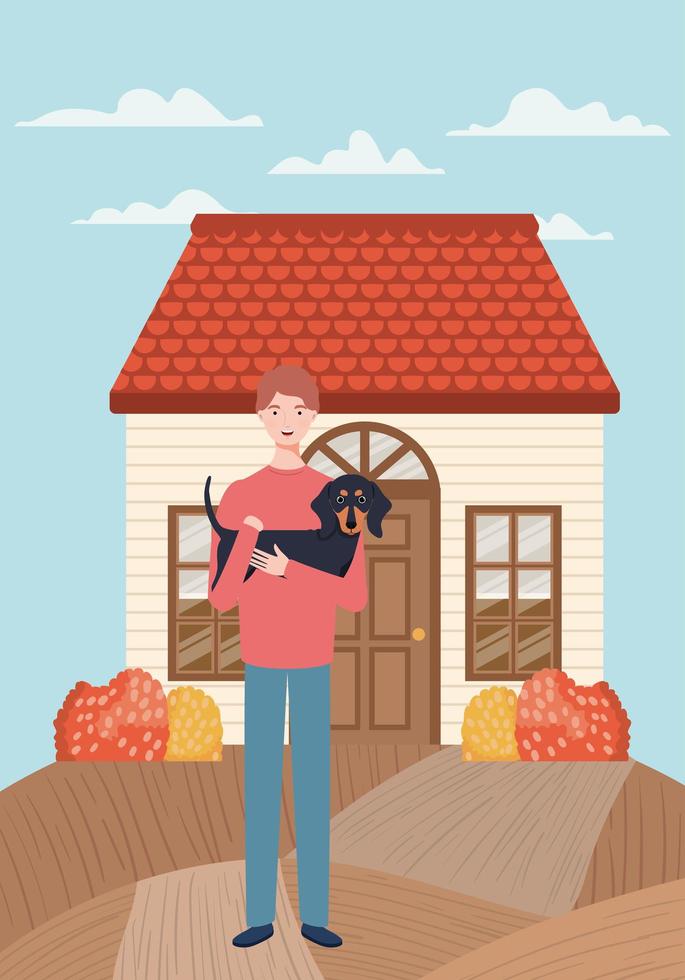 young man with cute dog mascot outdoors vector