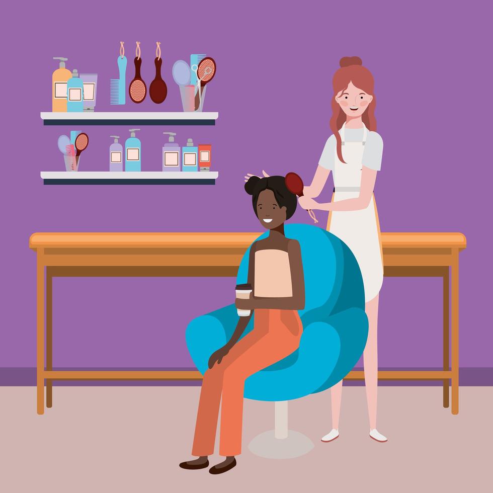 Stylist doing the client's hair in the salon vector