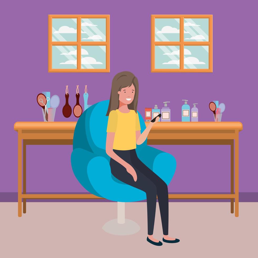 Young woman at the hair salon using smartphone vector