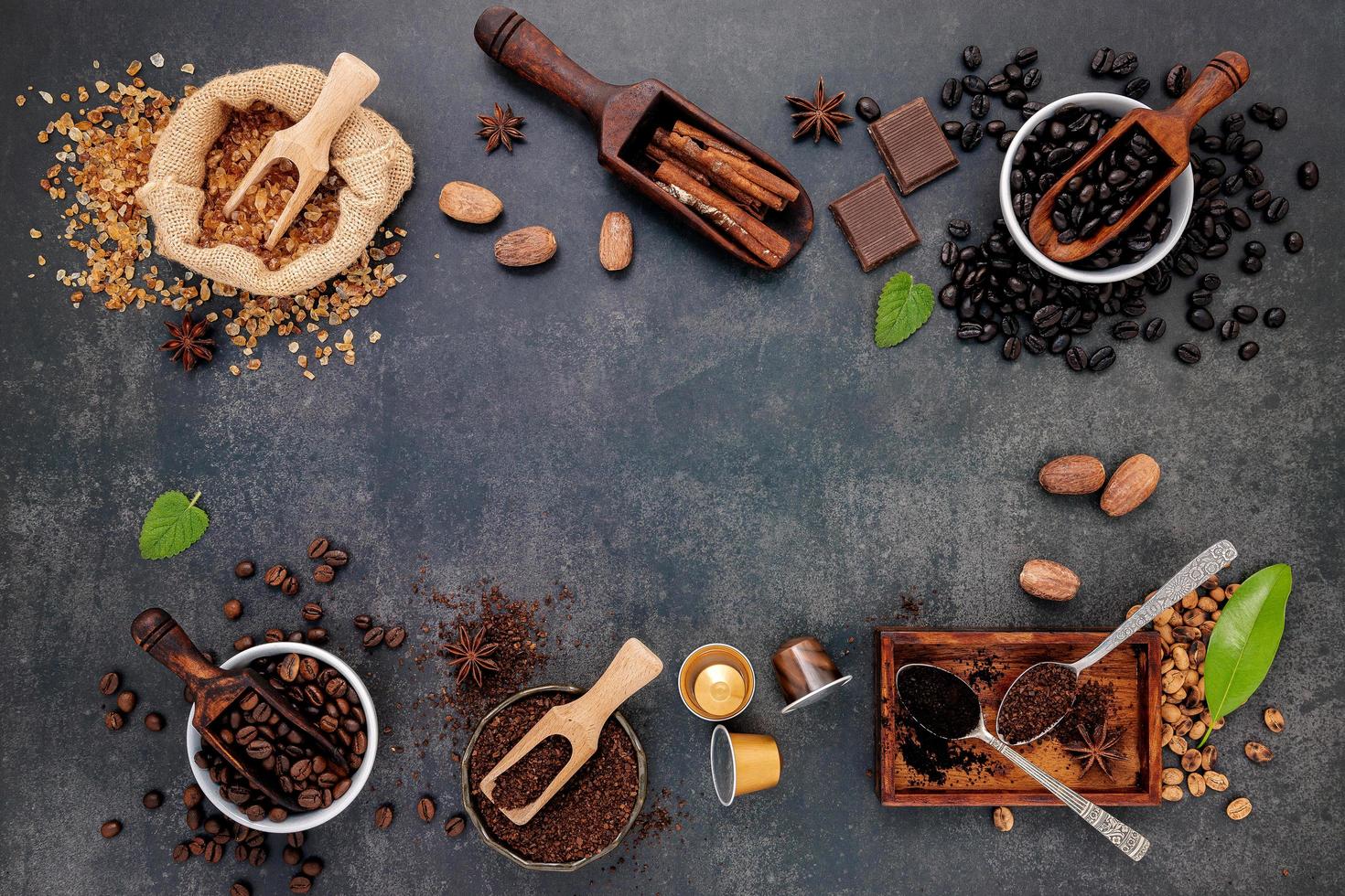 Flavored coffee frame on a dark background photo