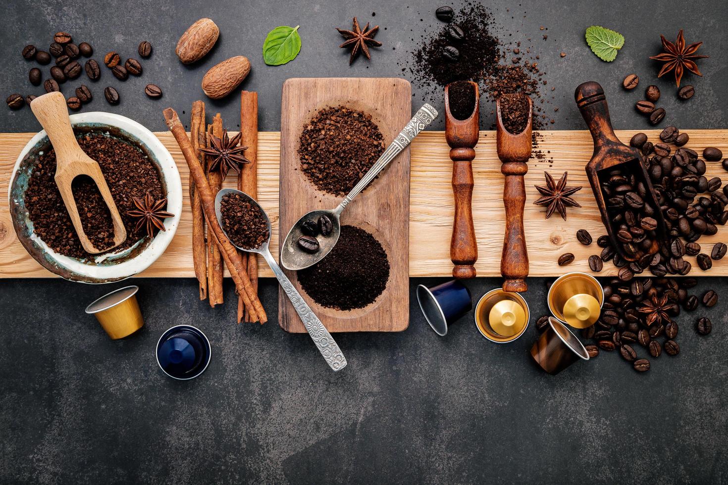 Top view of roasted coffee on a wooden board photo