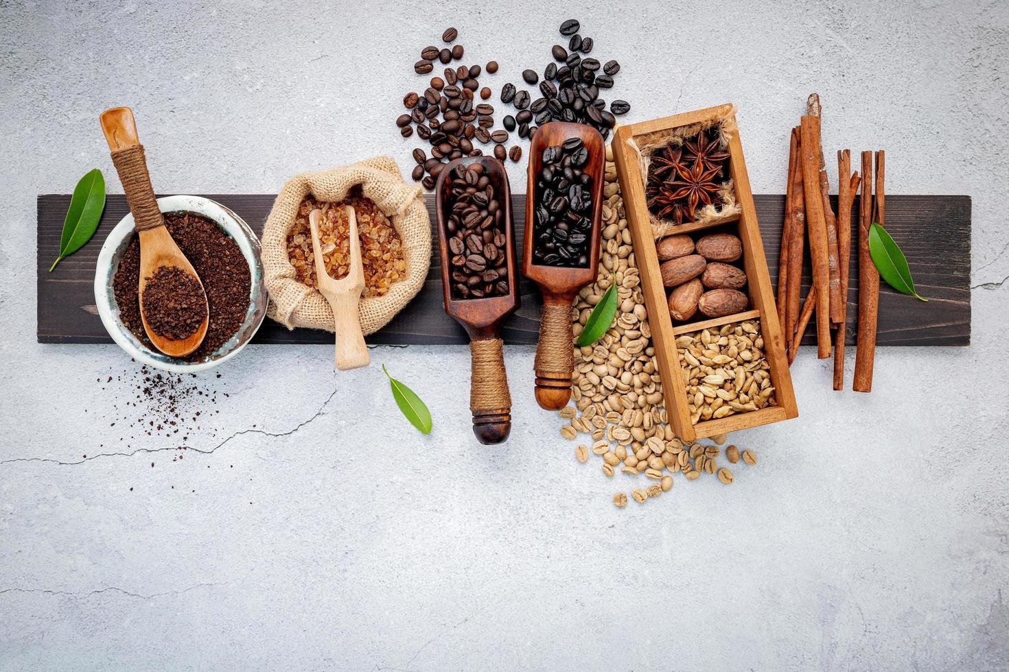 Top view of roasted coffee and flavors photo