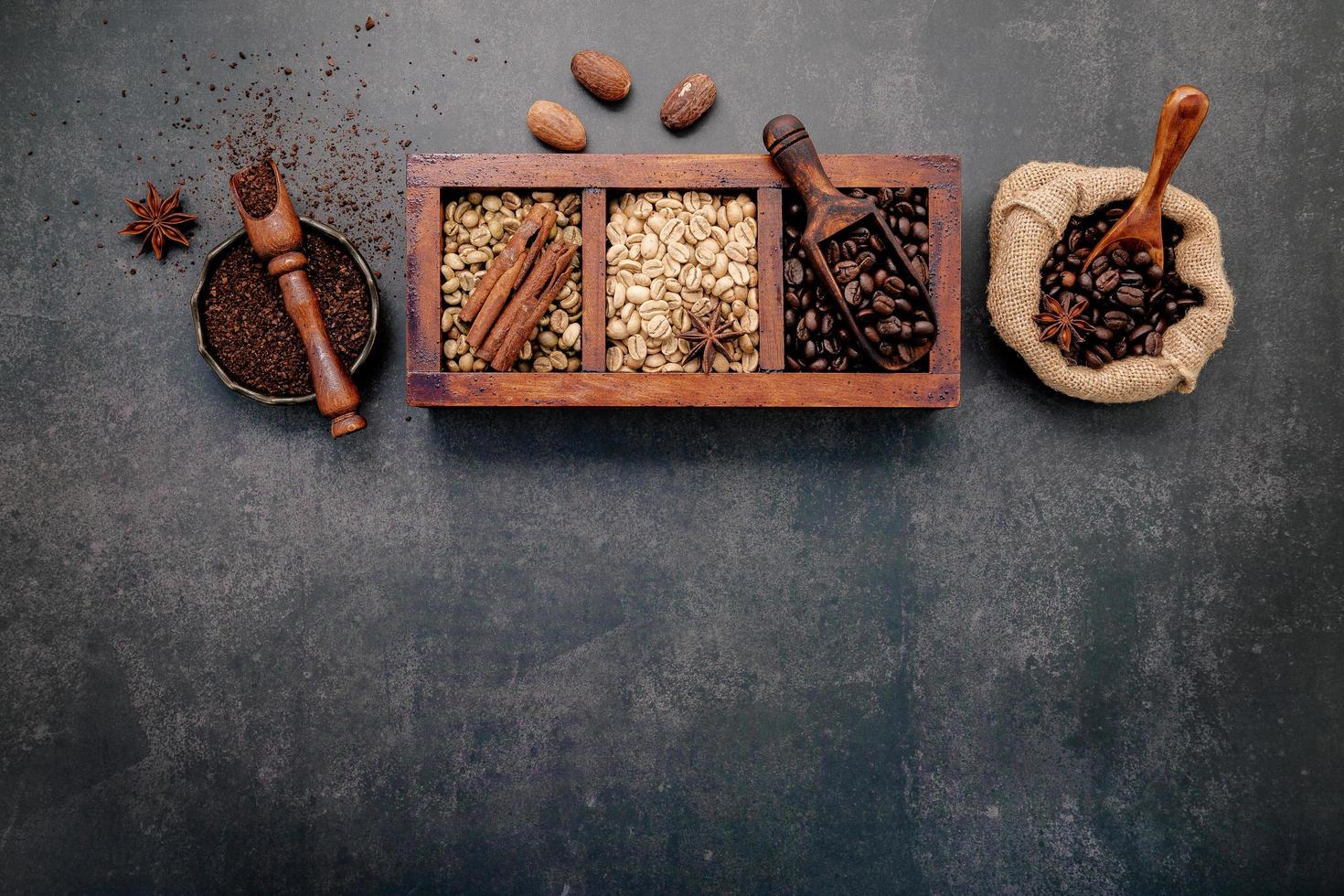 Roasted coffee beans and ground coffee photo