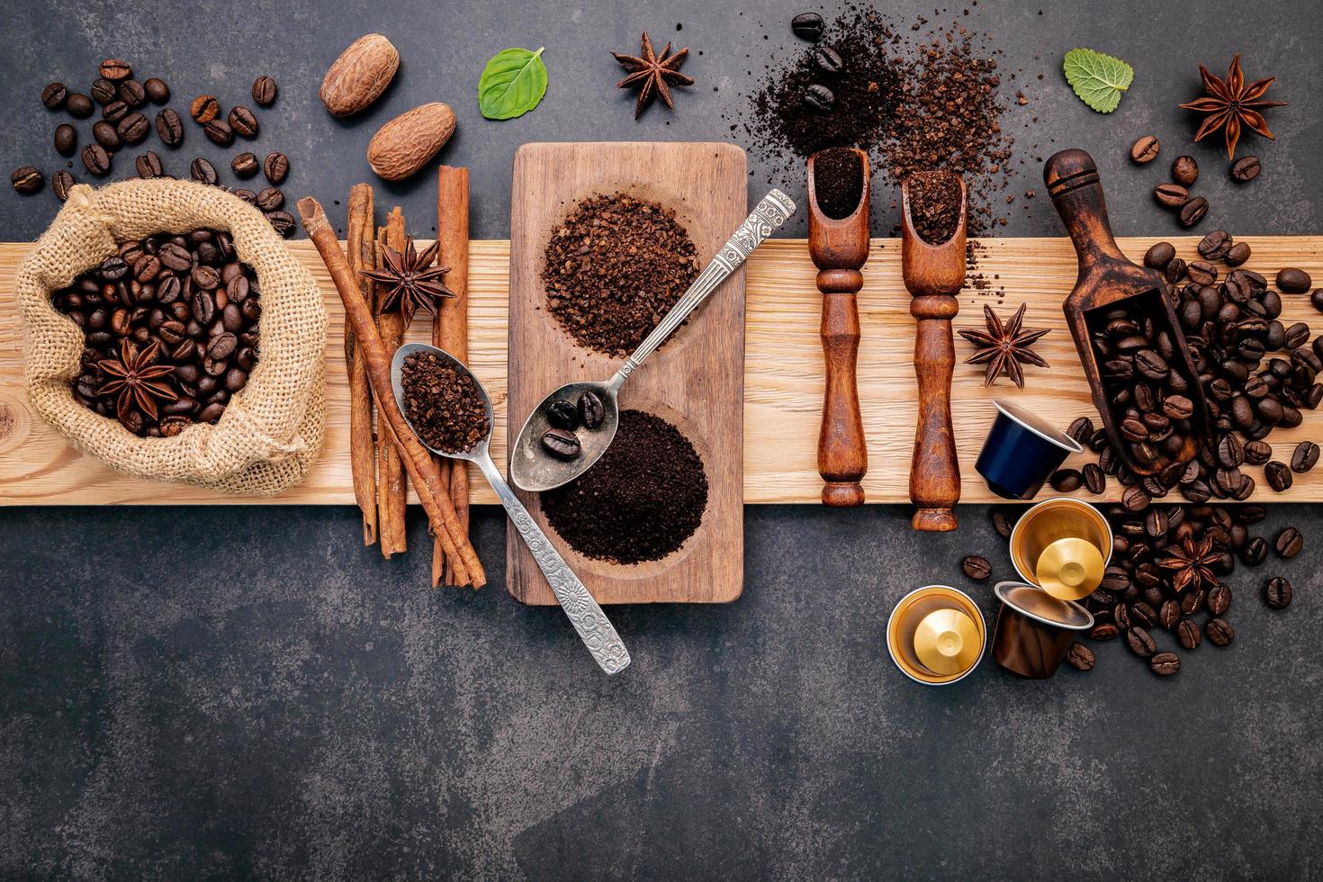 Ground coffee and coffee beans photo