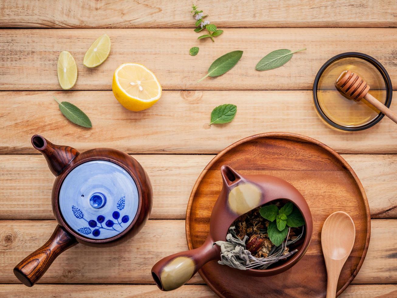 Top view of an herbal tea set photo