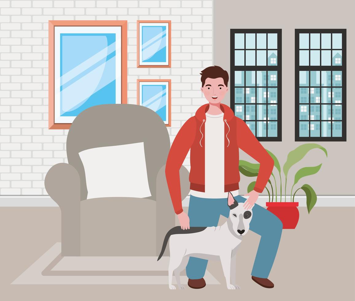 young man with cute dog mascot in the livingroom vector