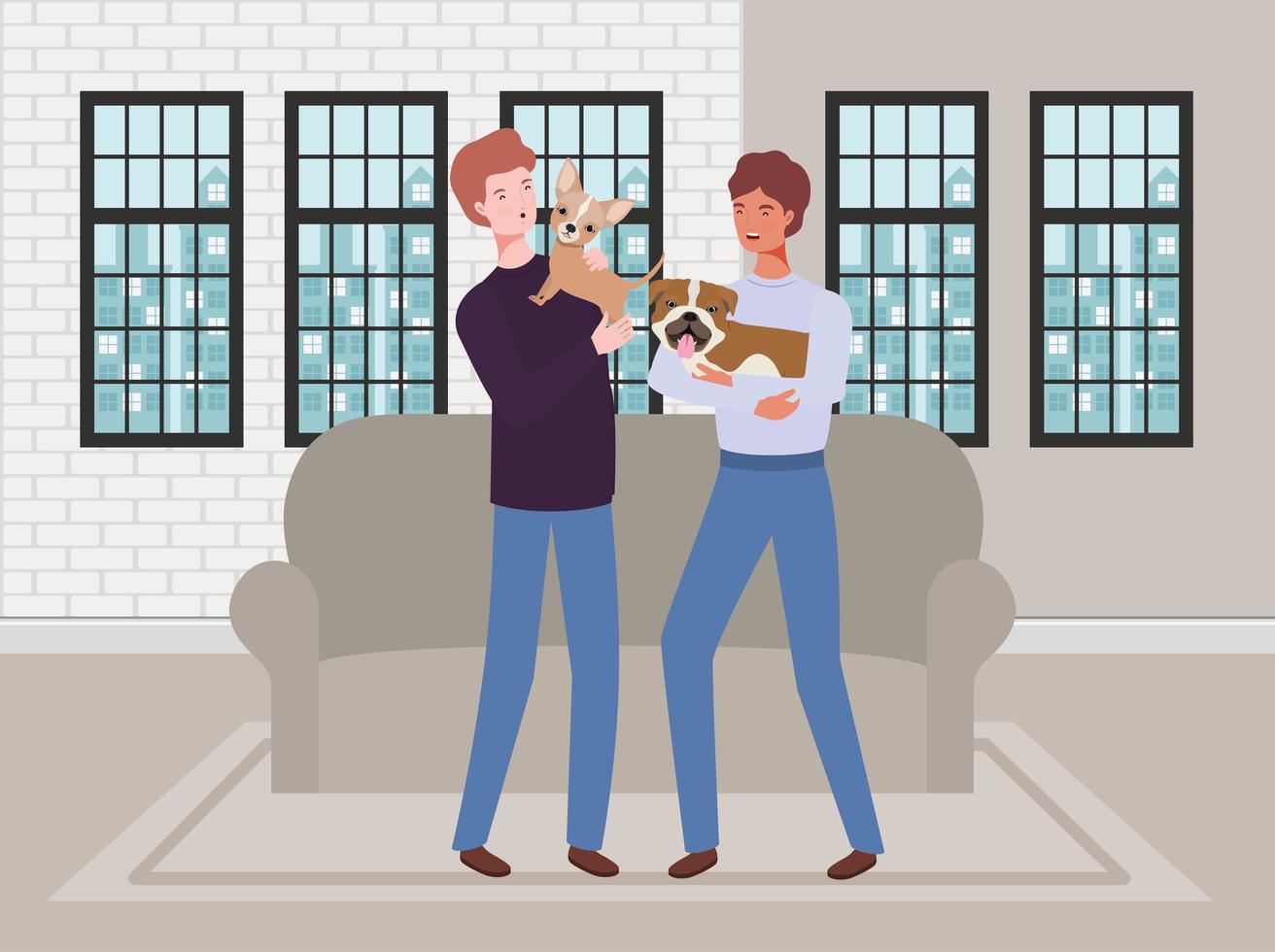 young men with cute dogs mascots in the livingroom vector