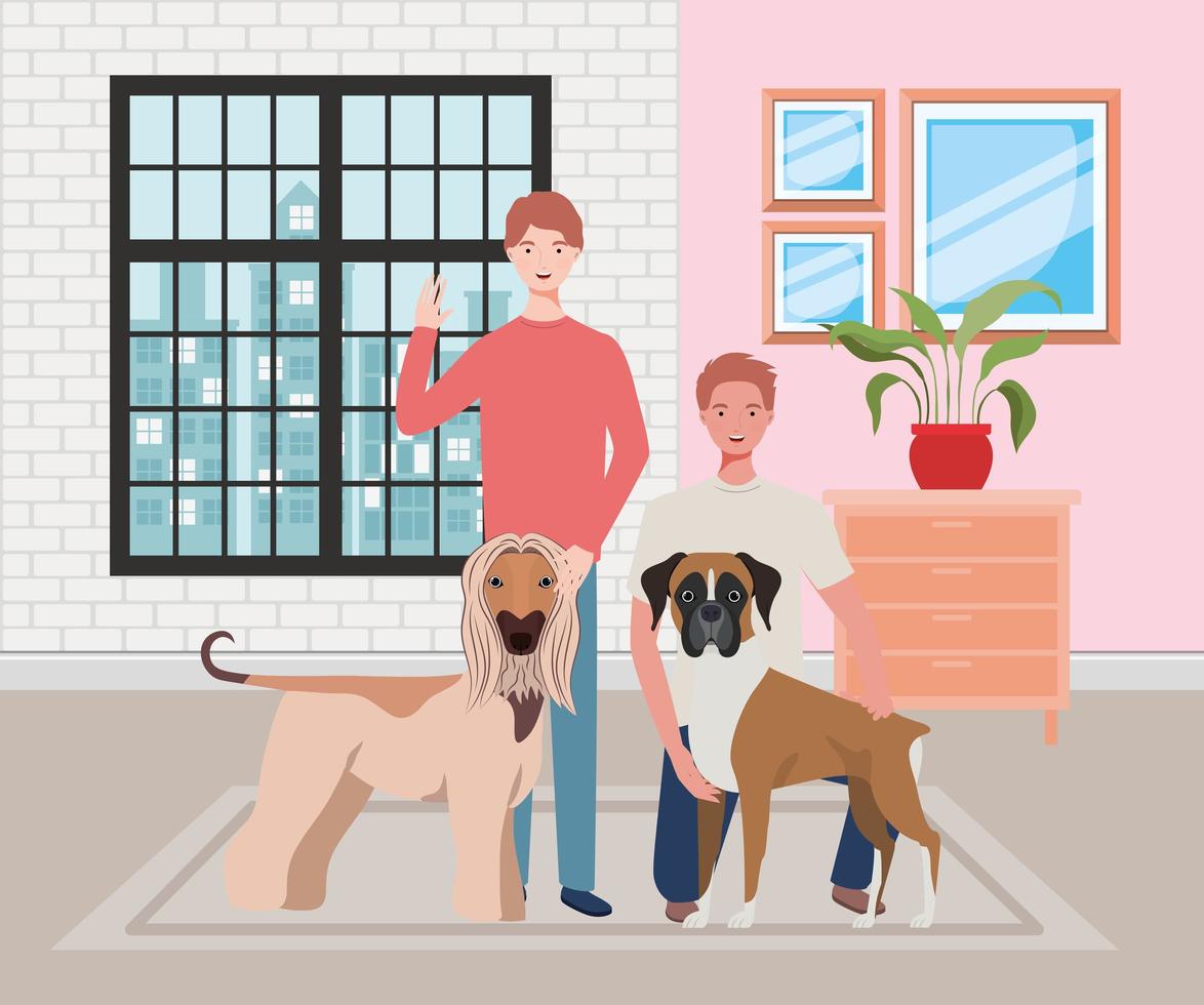 young men with cute dogs mascots in the house vector