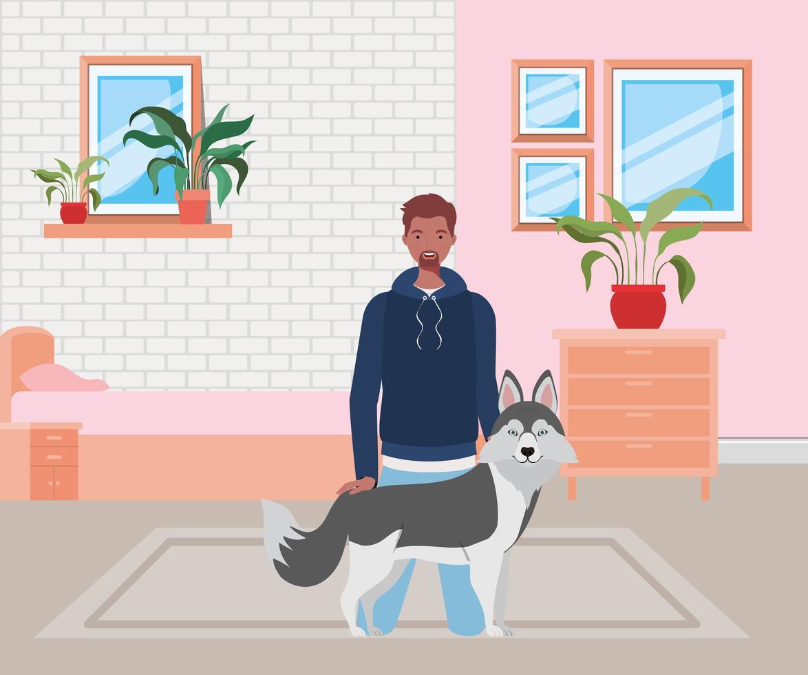 man with cute dog mascot in the bedroom vector