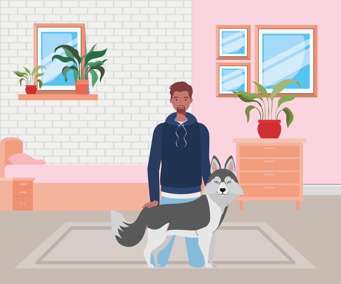 hombre con mascota perro lindo en el dormitorio vector