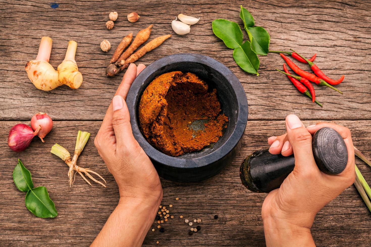 Ground red curry paste in a mortar photo