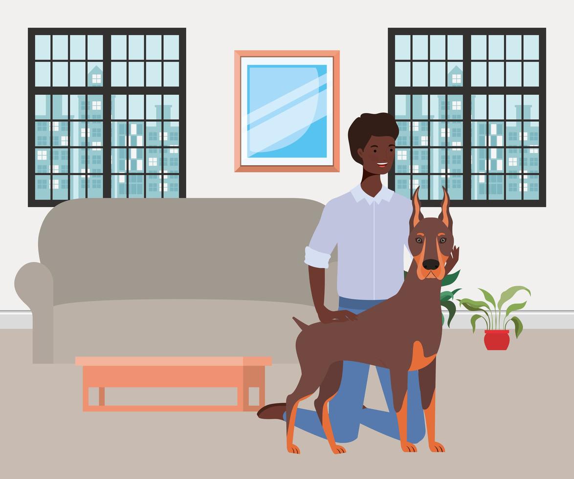 afro man with cute dog mascot in the livingroom vector