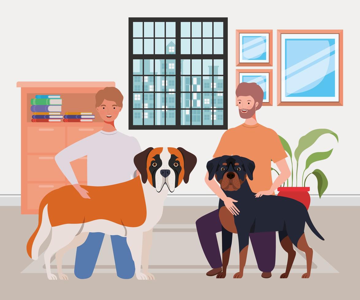 young men with cute dogs mascots in the house vector