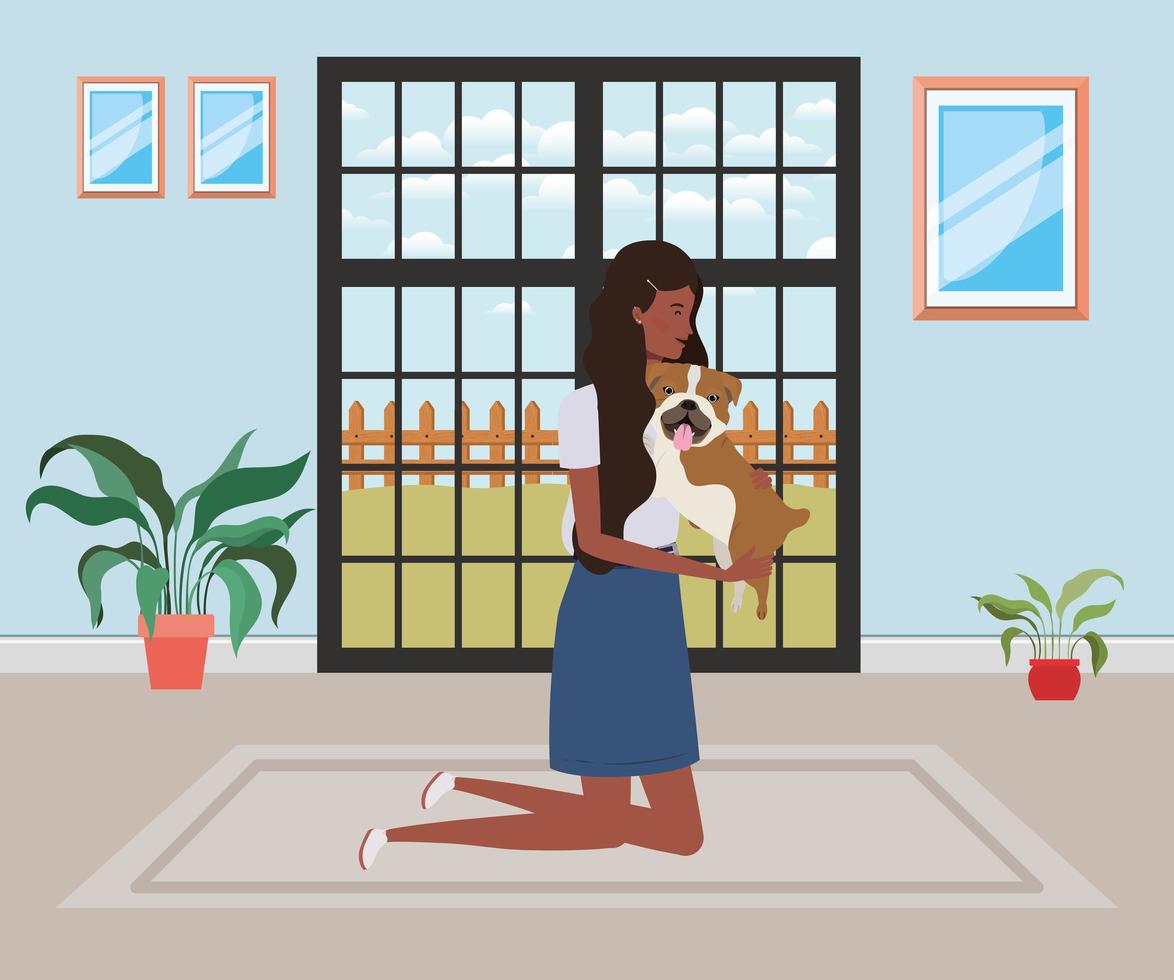 young afro woman lifting cute dog indoors vector