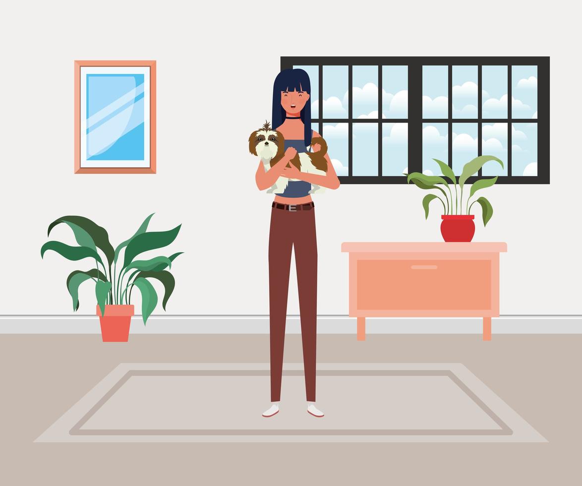 young woman lifting cute dog in house vector